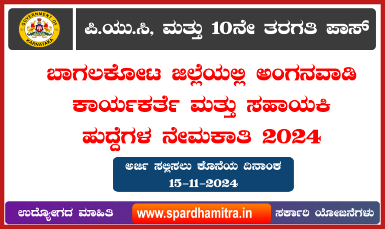Bagalkot Anganwadi worker & helper Recruitment 2024 apply Age Qualification